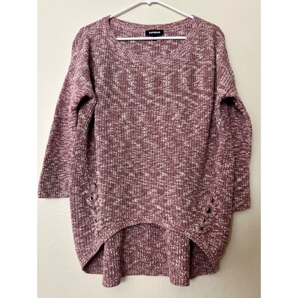 Express 100% Cotton Marled Knit Maroon & Cream High-low Sweater Size S RUNS BIG
